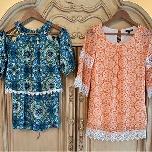 Sequin Hearts (Girls L) Blue Romper and Peach Dress with Lace Trim (bundle $18)